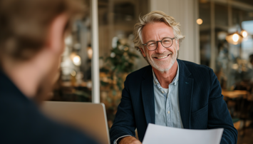 Man lachend in camera